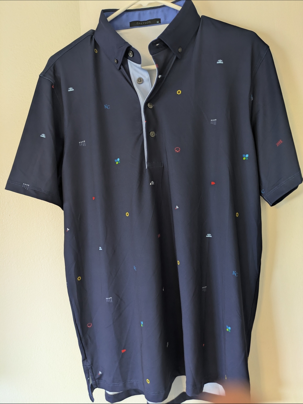 Greyson Navy Short-Sleeve Polo with Multicolor Micro Motifs- M (NWOT)